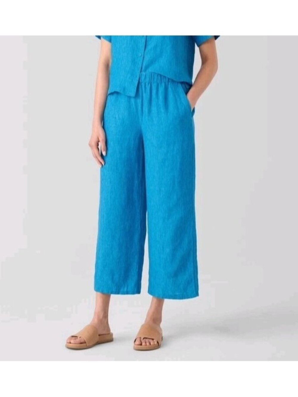 Eileen Fisher Sz (XS) Washed Organic Linen Délavé Wide-Leg Pants Blue Minimalist
